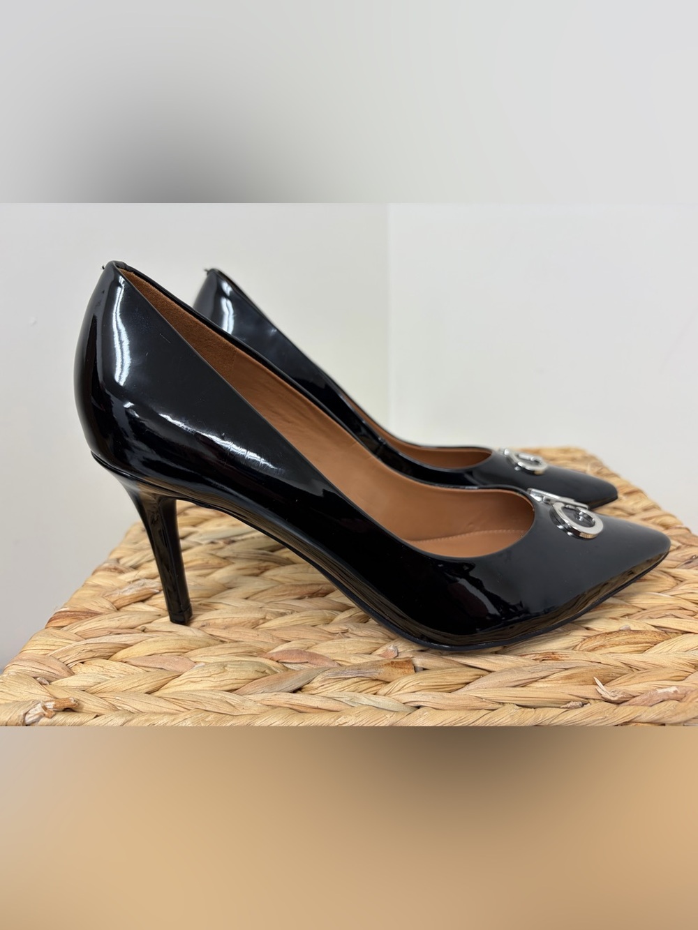 Calvin Klein Black Patent Pointed Pumps with Silver Accent